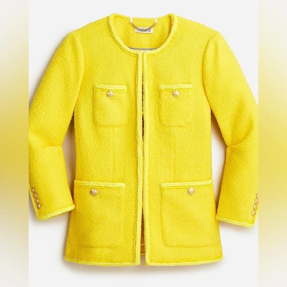 J.Crew Yellow Bouclé Long Lady Jacket & Mini Skirt Wool Blend Suit Set Size 4 - Picture 16 of 16